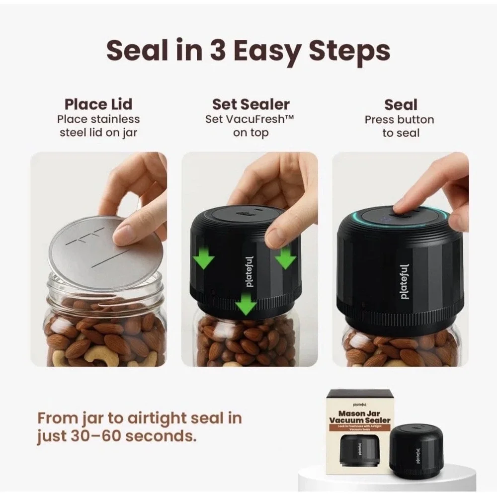 Plateful Electric Mason Jar Vacuum Sealer Black USB-C Rechargeable LED Display